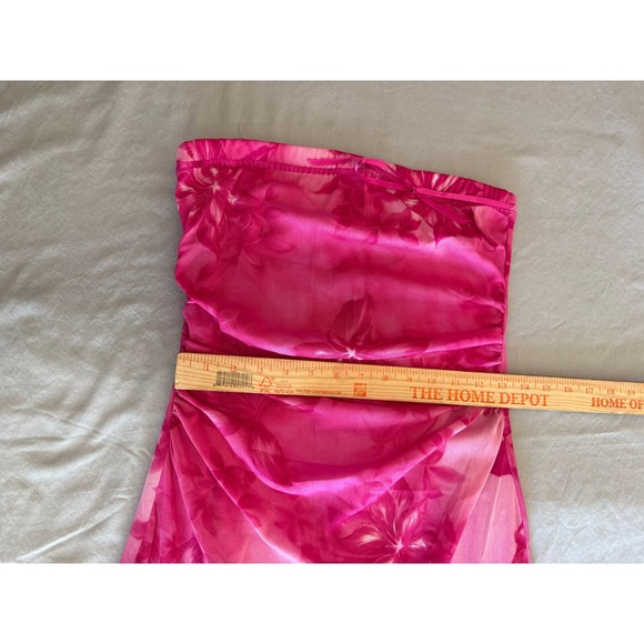 Wrapper Vintage Pink Floral Strapless Ruched Handkerchief Hem Midi Dress Large - Picture 10 of 11